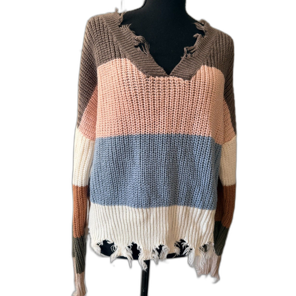 Women's colorblock striped distressed knit cropped sweater Large Y2k grunge Punk
